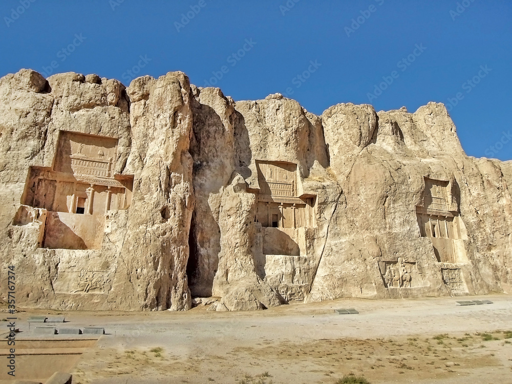 Panoramic view onto Naqsh-e Rostam, near Persepolis, Iran. Place famous for its cross-formed tombs of ancient Persian Kings (Darius, Artaxerxes etc). Also there are many reliefs of Sassanid Kings