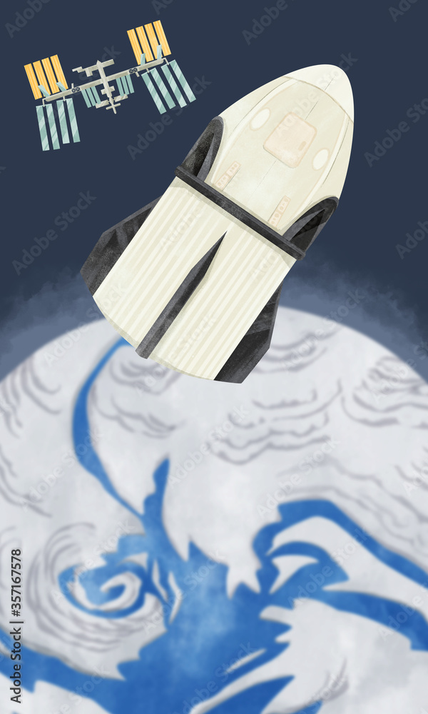 国際宇宙ステーションと補給機と地球の水彩イラスト Stock Illustration Adobe Stock