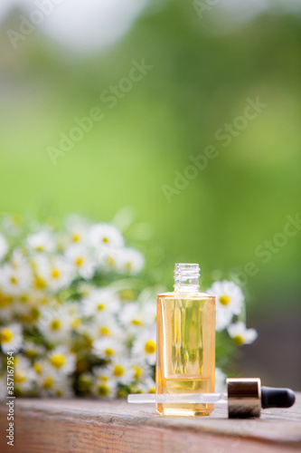 essential oil with cammomile over green natural background