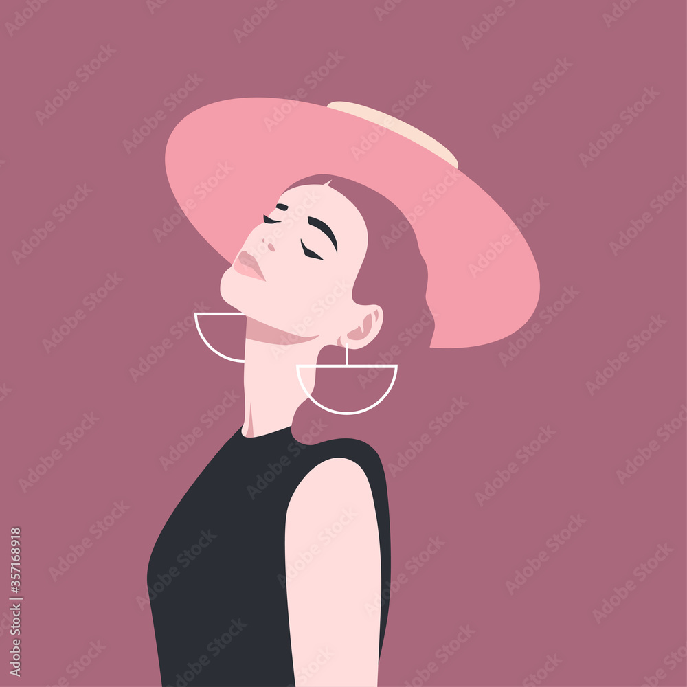 Beautiful stylish lady in a hat. Vector illustration in a flat style. Beautiful stylish lady in a hat. Vector illustration in a flat style.