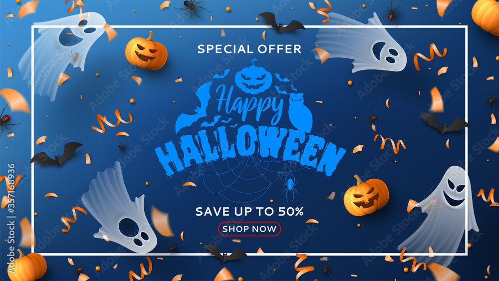 Halloween sale horizontal banner. Holiday promo banner with spooky flying ghosts, black spiders and bats, scary pumpkins, serpentine and confetti on blue background. Vector illustration.