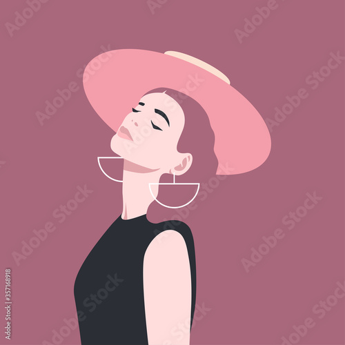 Beautiful stylish lady in a hat. Vector illustration in a flat style.