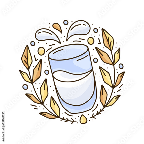 Rice or oat milk, vegetable drink. Color round illustration. Cartoon sketch emblem with blue glass, splash, sprigs. Hand drawn design for packaging vegan product. Doodle vector image, white background