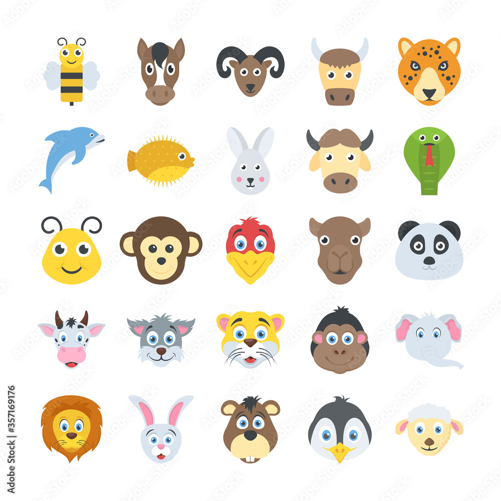 Fototapeta premium Collection of Flat Domestic and Wild Animals