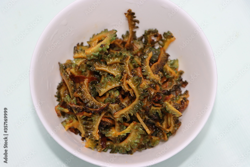 Bitter gourd fry or Karela fry, south Indian style, healthy food