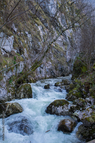 Rio y piedras entre las verdes montañas