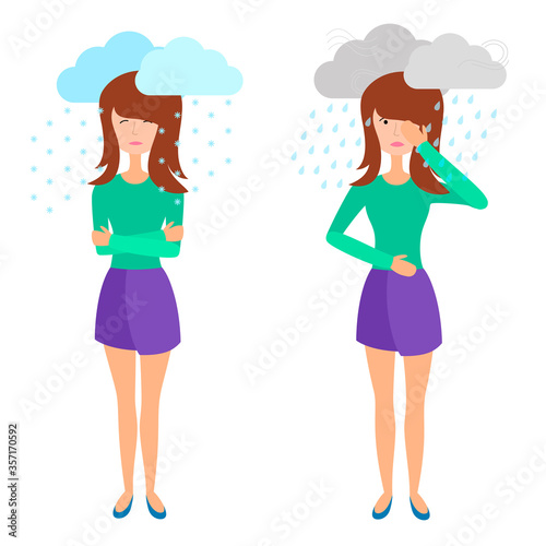 Mental health issues of human and  brain climate. Mood swings therapy. Vector illustration of sad and depressed woman isolated on white background.