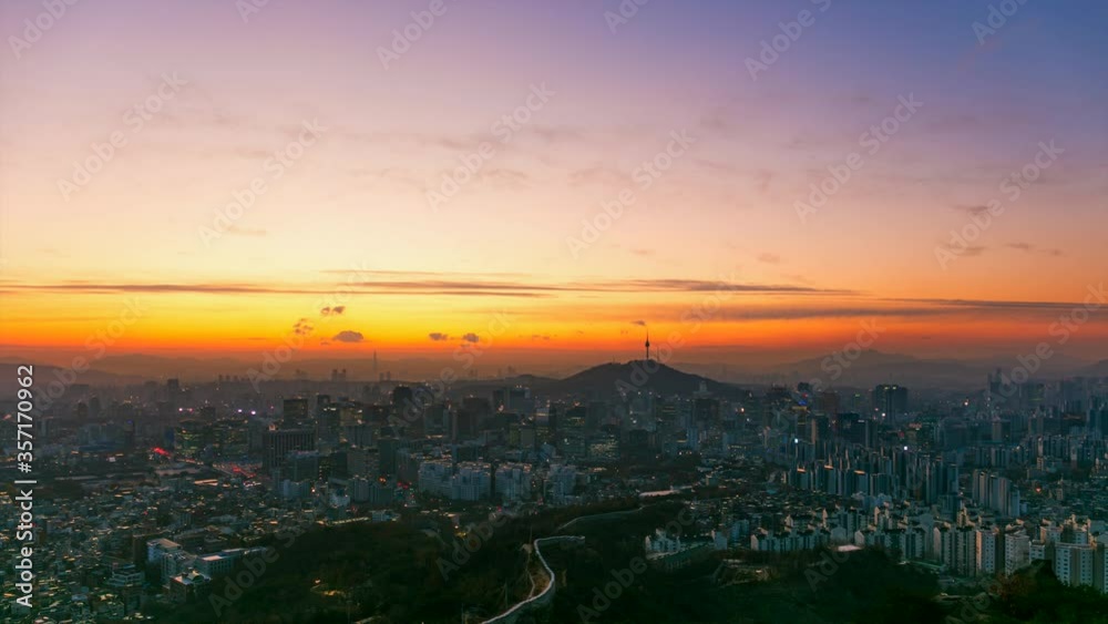 View of Seoul City Skyline and Seoul Tower at Sunrise South Korea