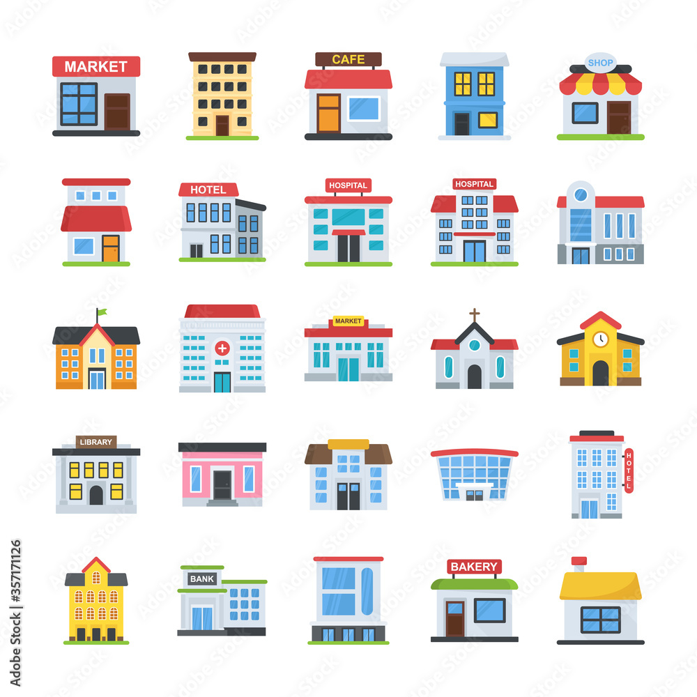 Building Flat Icons Set Building Flat Icons Set