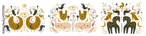 Modern bohemian style, folk tribal art in the Scandinavian style. Folk mythology, Swedish folklore. animals and plants.