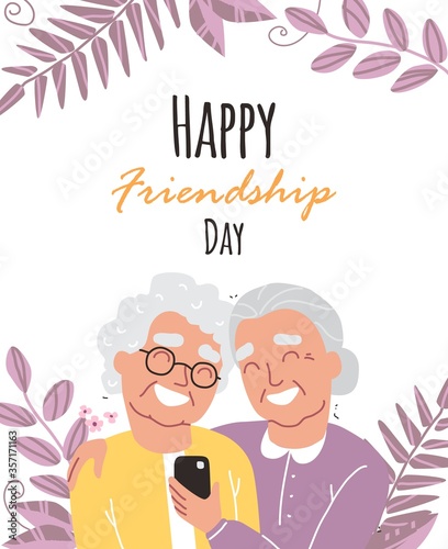 Portrait of smiling old womens. Happy friends holding each other. Happy friendship day. Old people with smartphone
