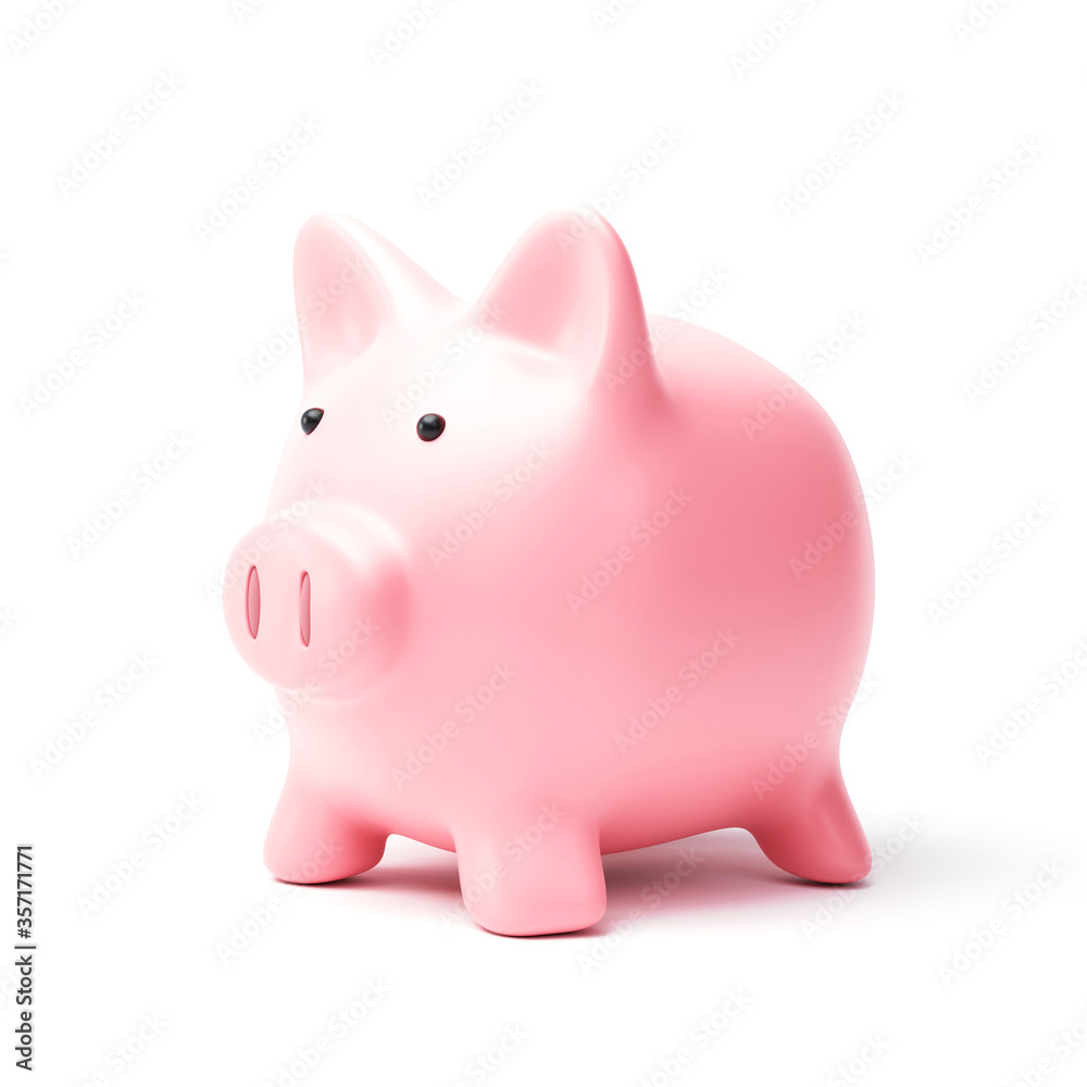 Piggy bank or money box isolated on white background with savings money concept. Pink money box and savings idea. 3D rendering.