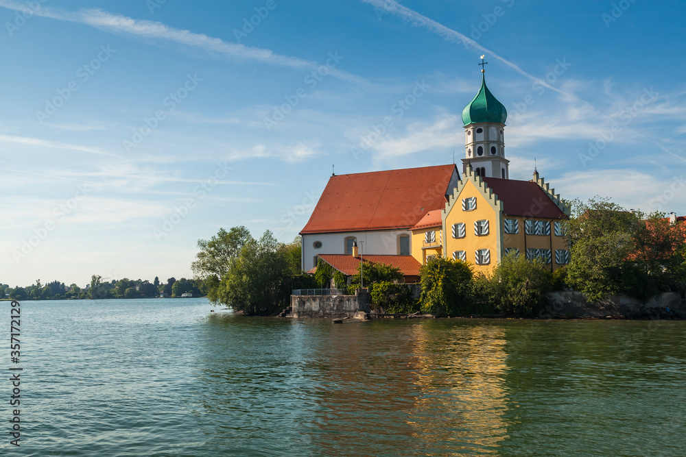 Historical church and castle in Wasserburg, Lake Constance (Bodensee) in Germany