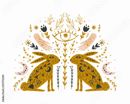 Modern bohemian style, folk tribal art in the Scandinavian style. Folk mythology, Swedish folklore. animals and plants.