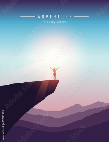 girl on a cliff mountain landscape at beautiful sunset vector illustration EPS10