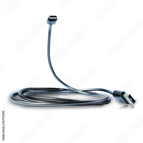 Charging chrome cable looking like a snake isolated on white with reflection and a shadow