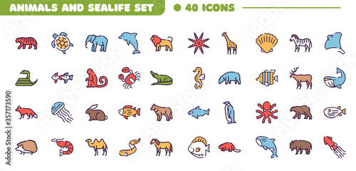Vector color linear icon set of animal and sea life