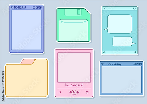 Printable Stickers Set with White Strokes. Form of Folder, Computer Window, Save Icon (Diskette), Music Player, Messenger Dialogue. Colored Frames. Printable Vector for Notes or Diary. Bullet Journal.