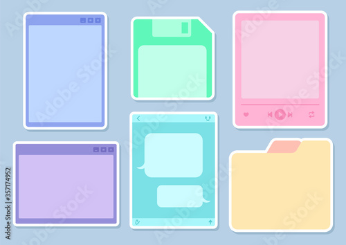 Printable Stickers Set with White Strokes. Form of Folder, Computer Window, Save Icon (Diskette), Music Player, Messenger Dialogue. Colored Frames. Printable Vector for Notes or Diary. Bullet Journal.