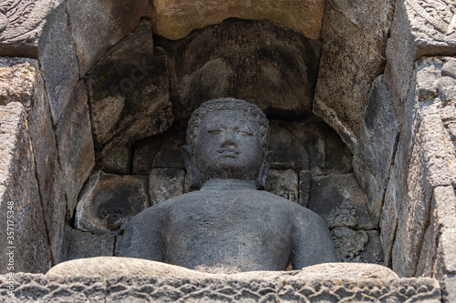 Niches and holes in the lower balustrades of the Borobudur temple in Central Java, Indonesia, its function is to house the ancient statues of the Buddha.