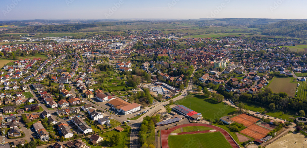 Wide aerial view of the city Oberderdingen in Germany on a sunny day in early spring during the coronavirus lockdown.
