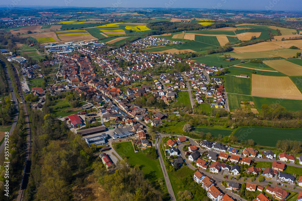 Wide aerial view of the city Zaisenhausen in Germany on a sunny day in early spring during the coronavirus lockdown.
