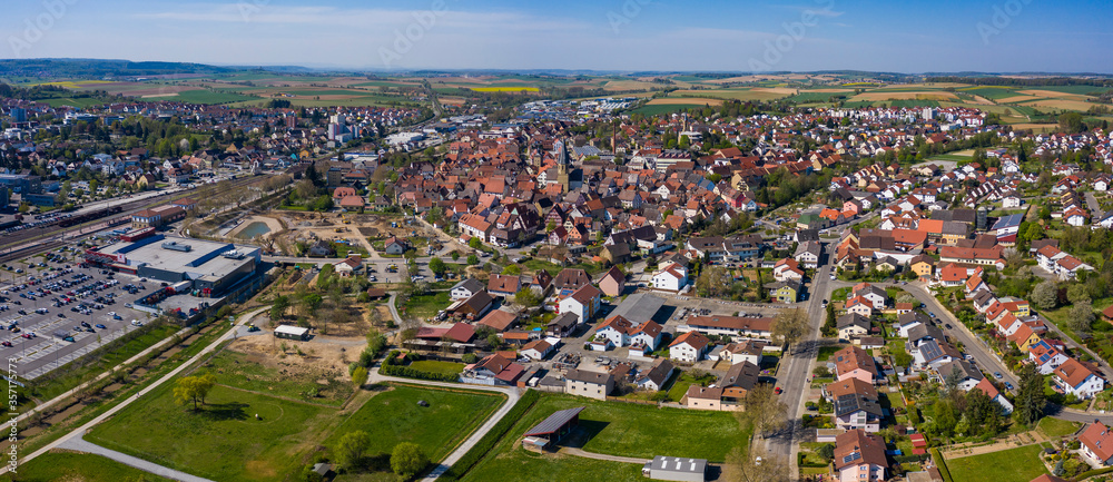 Aerial view of the city Eppingen in Germany on a sunny spring day during the covid-19 lockdown.
