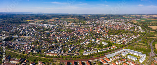 Aerial of the city Bretten in Germany. On a sunny day in spring