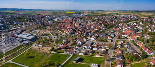 Aerial view of the city Eppingen in Germany on a sunny spring day during the covid-19 lockdown. 