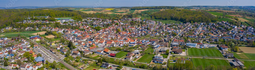Aerial view of the city Hoffenheim in Germany on a sunny spring day during the coronavirus lockdown.

