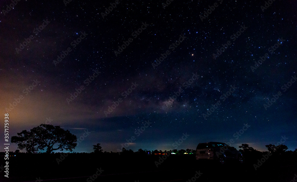 Amazing Panorama blue night sky milky way and star on dark background.Universe filled with star, nebula and galaxy with noise and grain.Photo by long exposure and select white balance.selection focus.