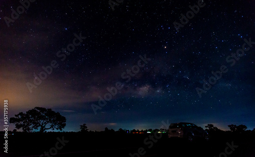 Amazing Panorama blue night sky milky way and star on dark background.Universe filled with star, nebula and galaxy with noise and grain.Photo by long exposure and select white balance.selection focus. © Mohwet
