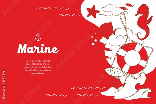Marine background with a lifebuoy, sea horse, fish, marine wave, starfish and clouds on a red background, hand-drawn.