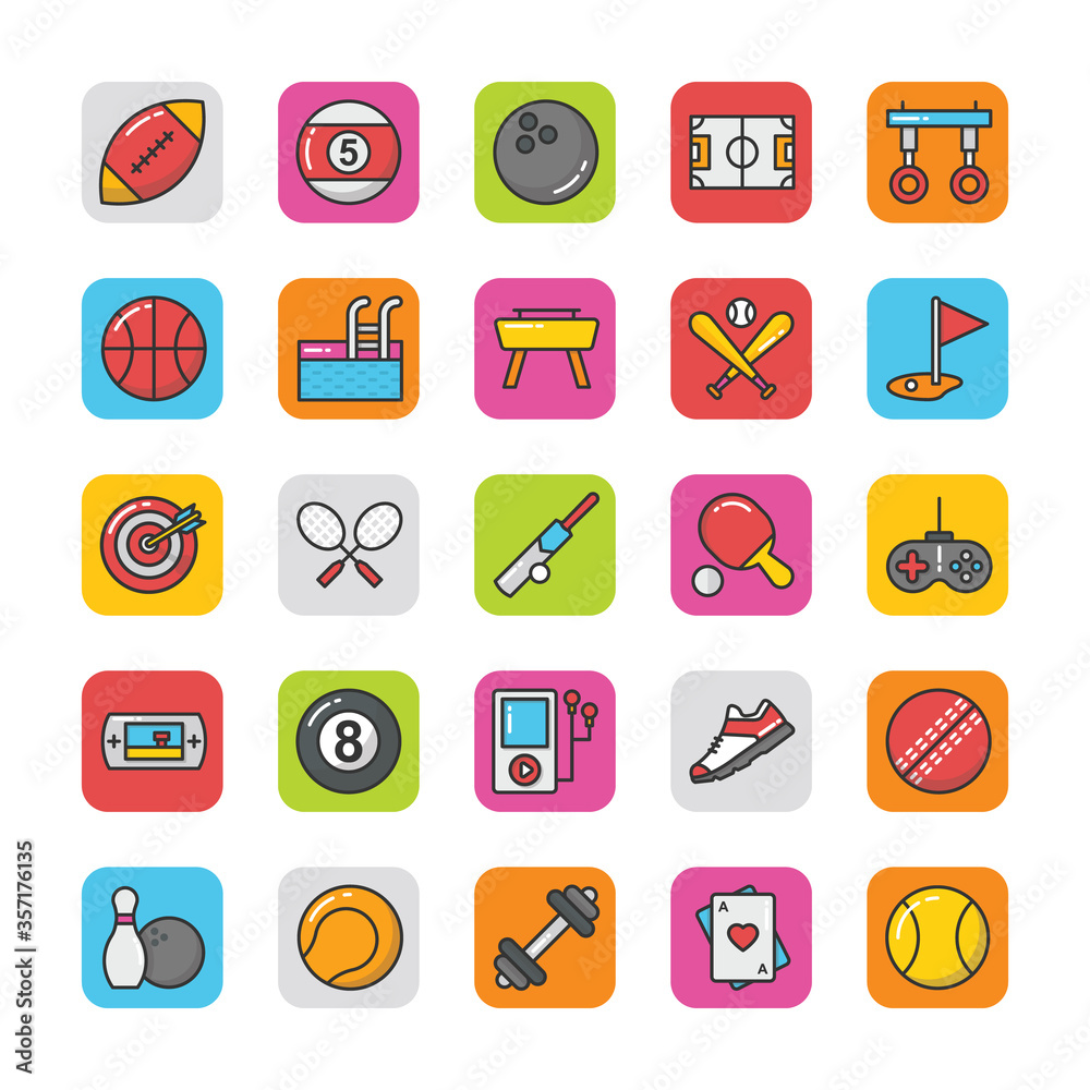 Sports and Games Flat Vector Icons Set Sports and Games Flat Vector Icons Set