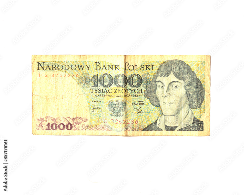 One thousand Polish zlotys. Expired banknotes. Old past due money. Isolated on a white background.