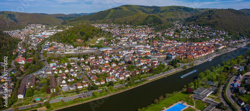 Aerial view of the city Eberbach in Germany on a sunny spring day during the coronavirus lockdown. 