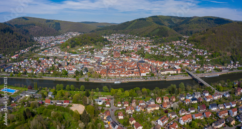 Aerial view of the city Eberbach in Germany on a sunny spring day during the coronavirus lockdown. 