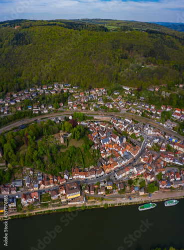 Aerial view of the city Neckarsteinach in Germany on a sunny spring day during the coronavirus lockdown.