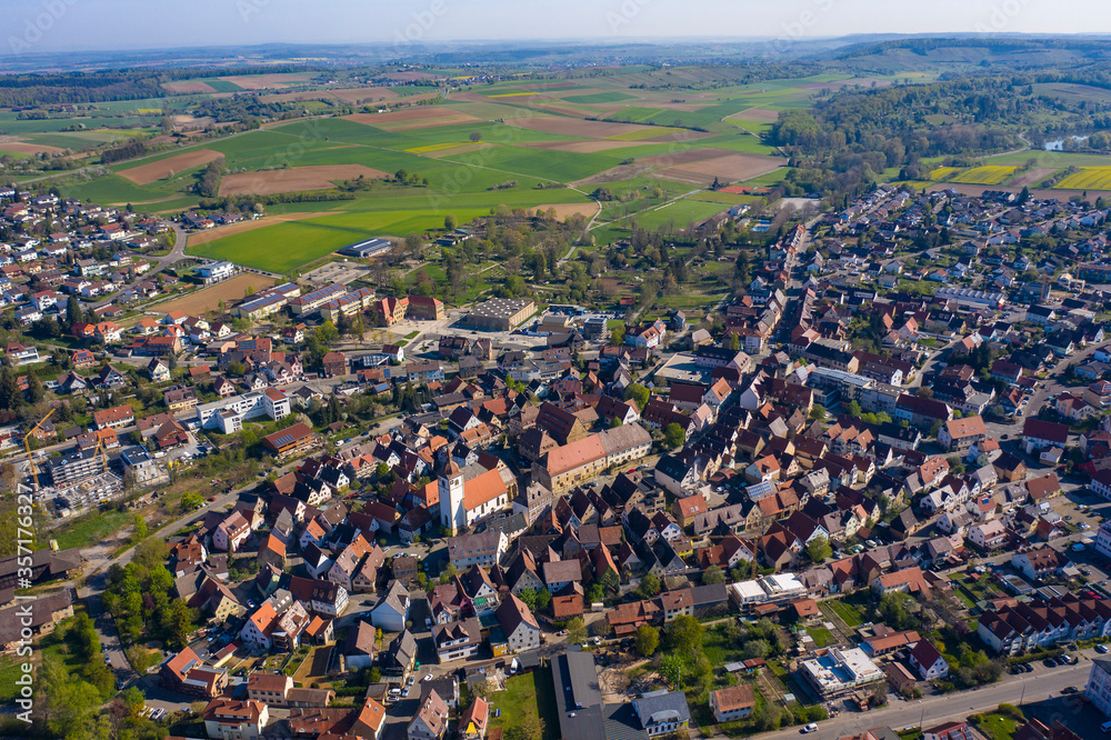 Aerial view of the village Knittlingen in Germany on a sunny spring day during the coronavirus lockdown.