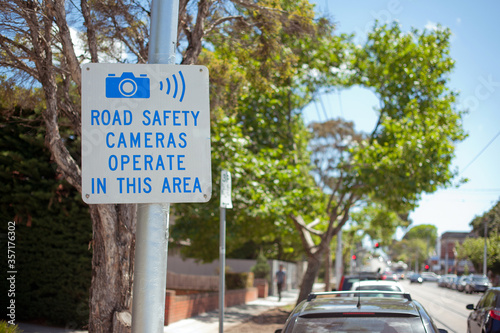 Road sign. Road safety cameras operate in this area. Australia, Melbourne.