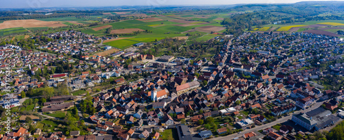 Aerial view of the village Knittlingen in Germany on a sunny spring day during the coronavirus lockdown. 