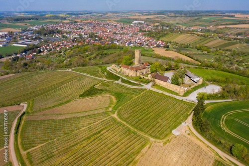 Aerial view of the city Sulzfeld and castle Ravensburg in Germany on a sunny day in early spring during the coronavirus lockdown 