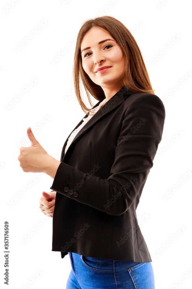 Beautiful smiling business woman standing with thumb up gesture Beautiful smiling business woman standing with thumb up gesture