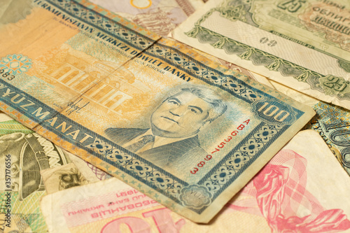 Background with old money. Expired banknotes. Old past due money.