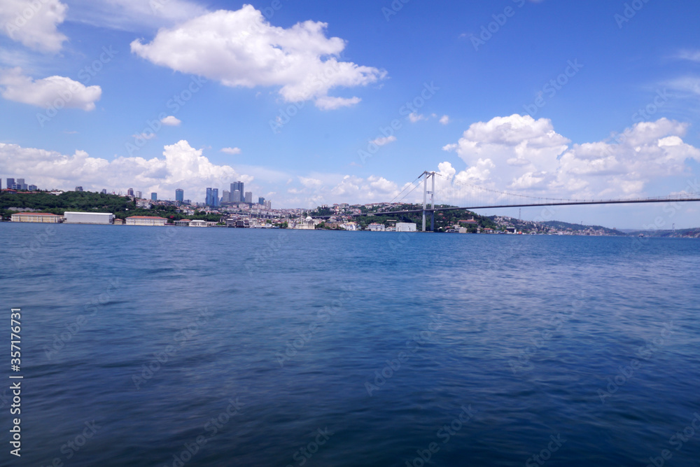 Bosphorus bridge in Istanbul, blue sky and sea