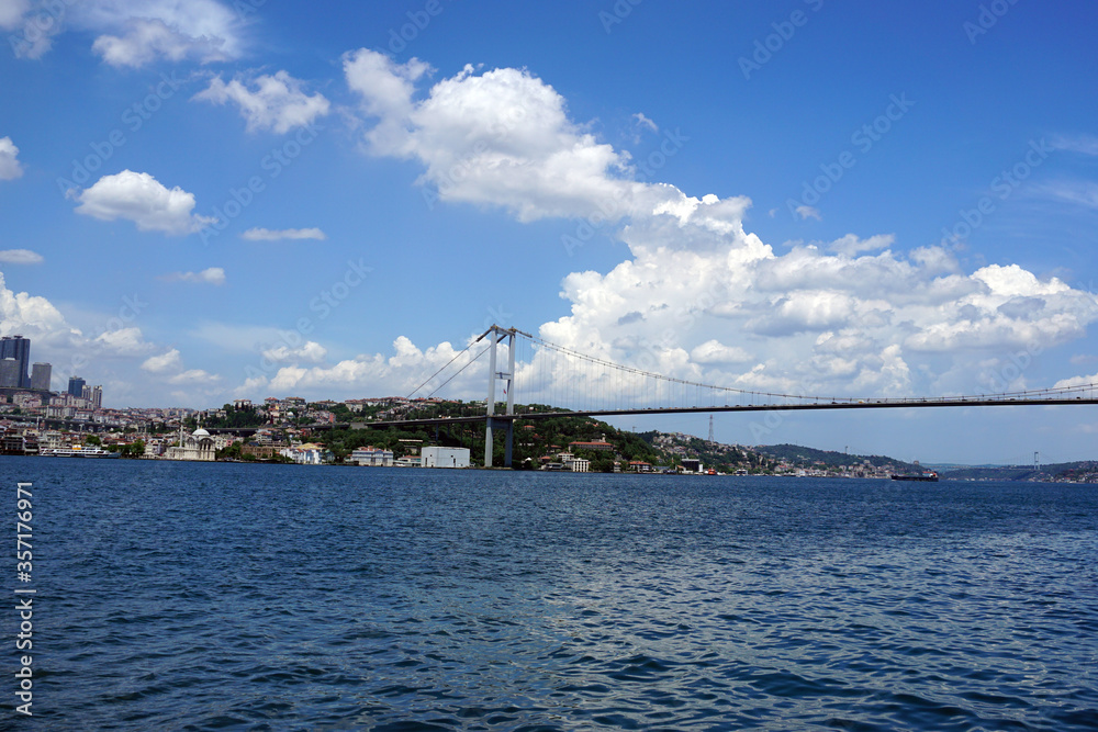 Bosphorus bridge in Istanbul, blue sky and sea
