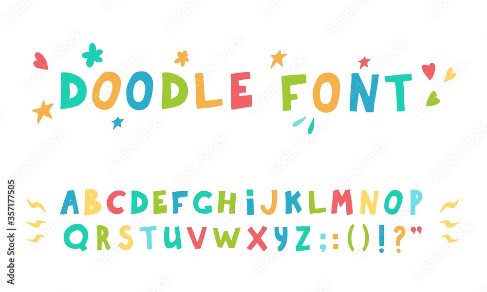 Hand drawn colorful doodle font. Sketch childish alphabet letters