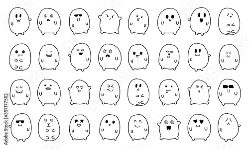 Cute doodle monsters set. Hand drawn stickers with different emotions: anger, joy, happiness, love, surprise, laugh etc.