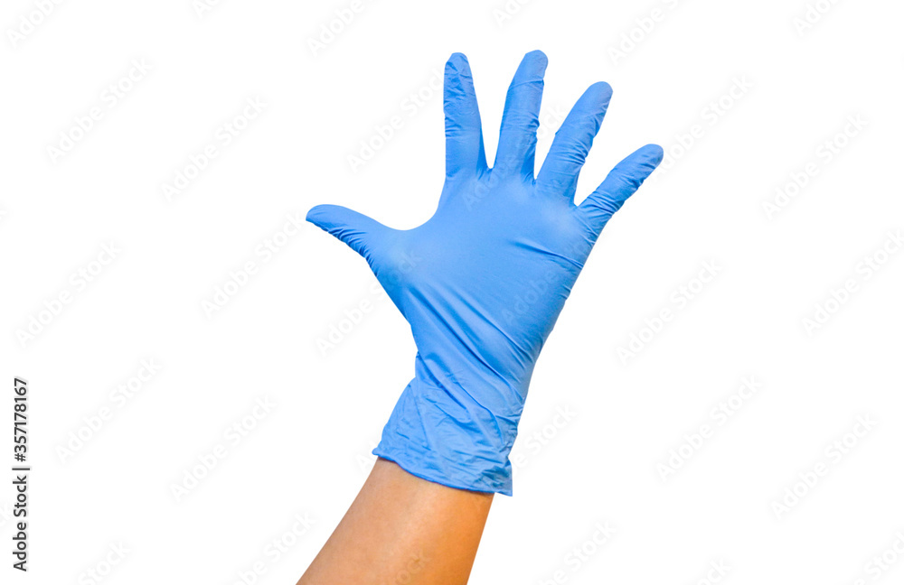 Hand wearing blue protective rubber gloves show five finger on white background with clipping path. Hand wearing blue protective rubber gloves show five finger on white background with clipping path.
