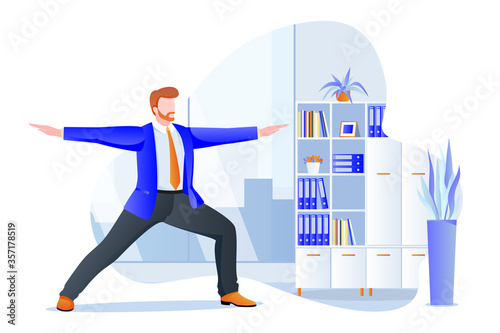 Businessman stands in warrior pose virabhadrasana. Office yoga break. Vector illustration. Relaxing time at work